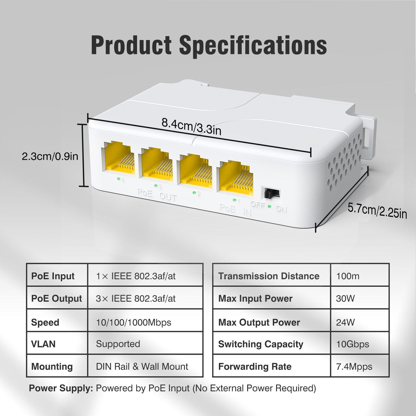 Gigabit PoE Extender 1 in 3 Out, VunLink 4-Port 1000Mbps PoE Repeater, IEEE 802.3af/at 30W, 100m (328ft) Extension, VLAN, Plug & Play, Wall Mount & DIN Rail Design for IP Camera, AP, NVR, VoIP Phone