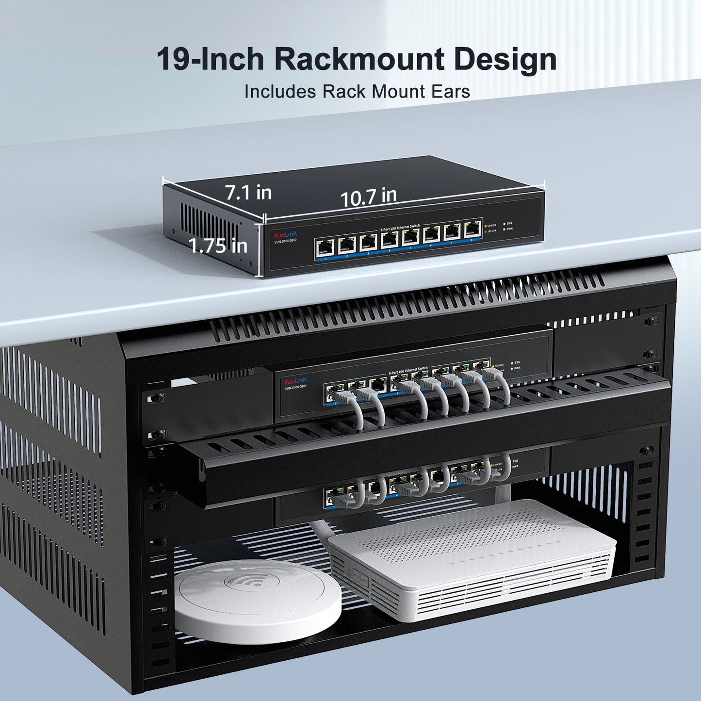 VunLink 8-Port 10Gb RJ45 Ethernet Switch Unmanaged, 160Gbps Capacity, 19-inch Rackmount, for 10G NAS, Server, PC, Workstation