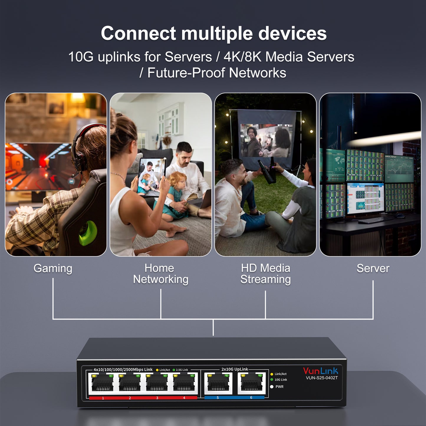VunLink 6 Port 10G/2.5G Multi-Gigabit Unmanaged Network Switch,4 x 2.5GbE + 2 x 10GbE RJ45 Ports, Plug and Play, Fanless, Desktop/Wall-Mount, for Wireless AP, NAS, PC, Home