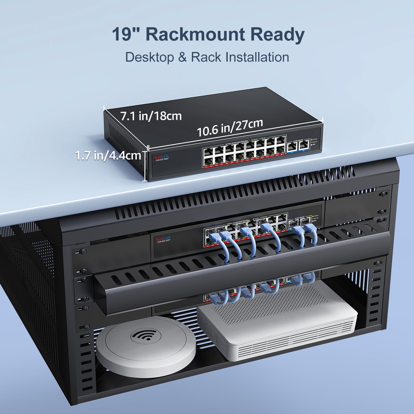 VunLink 18-Port 2.5G Ethernet Switch with 10G Uplink, 16×2.5Gbps + 2×10G RJ45 Ports, Plug & Play LAN Switch, Desktop Rackmount for NAS, Gaming, WiFi 6/7, Office