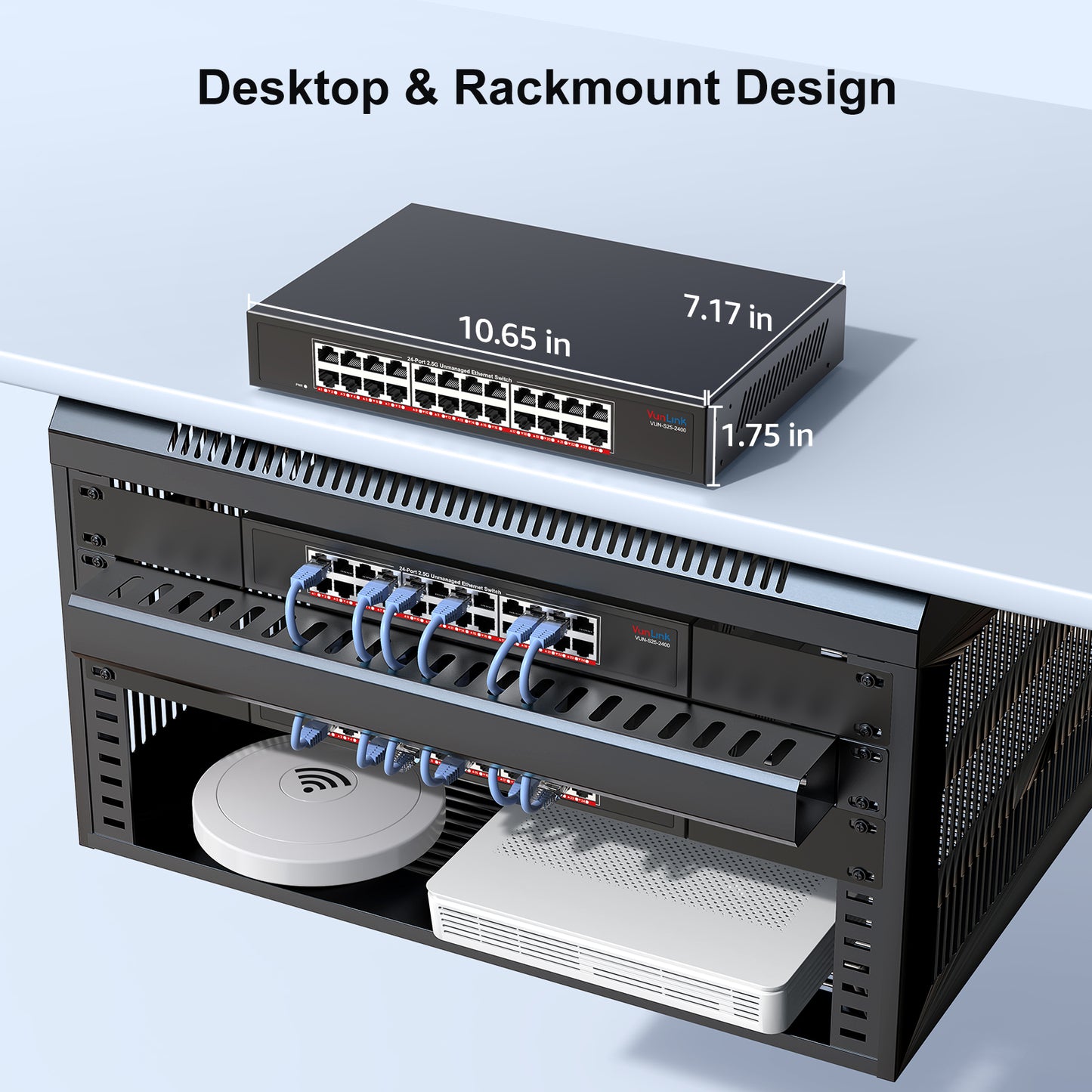 VunLink 24×2.5GbE RJ45 Multi-Gigabit Unmanaged Network Switch, Plug & Play, Rackmount/Desktop, Fanless Metal Design for NAS, Gaming, Office & Home Network