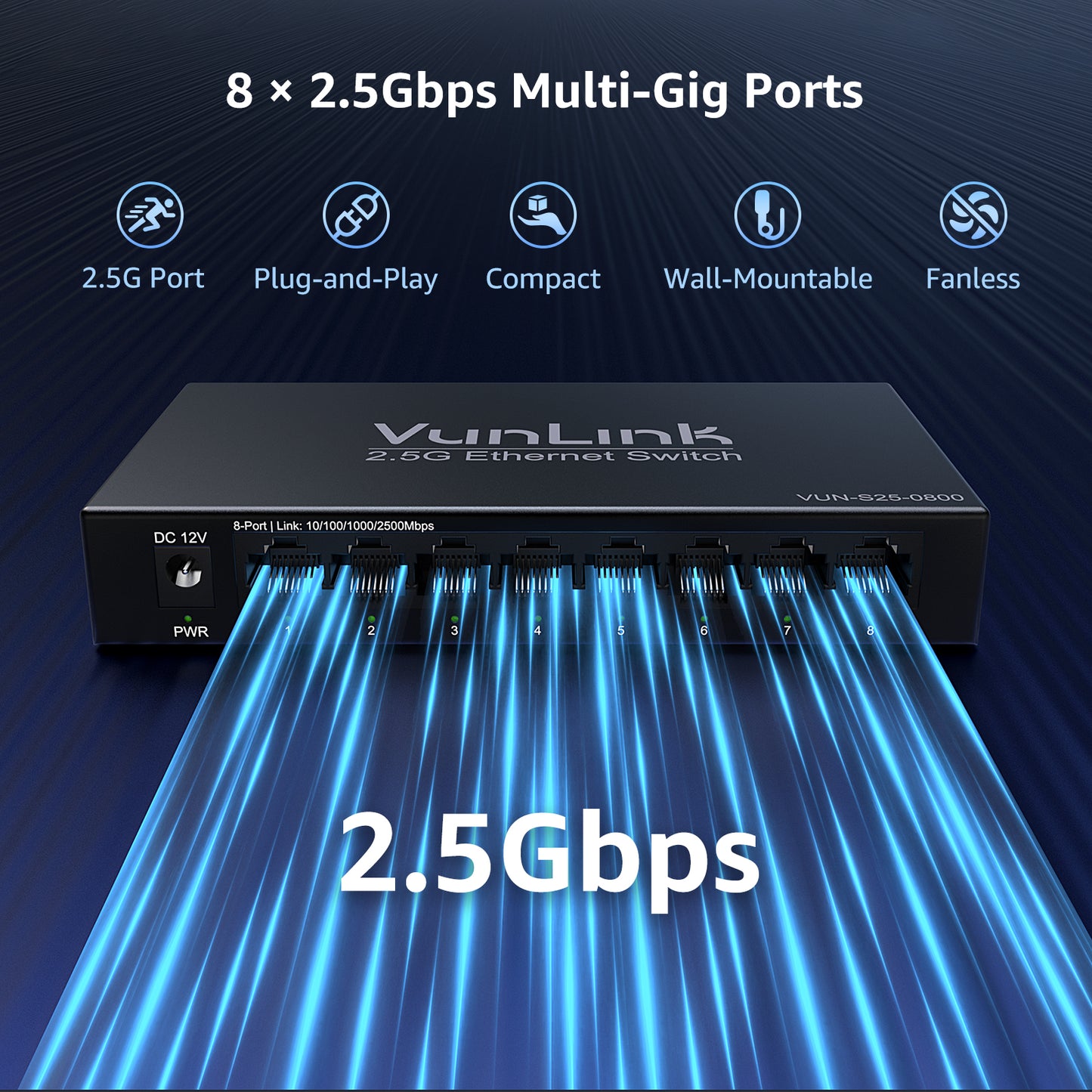 VunLink Unmanaged Multi-Gig Network Switch, 8×2.5Gbps RJ45, Plug and Play, Fanless Silent Metal Desktop Switch for Home Office, NAS, Gaming