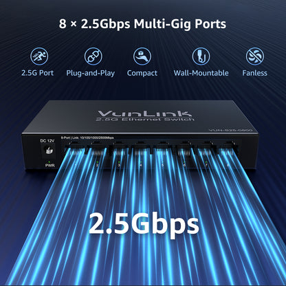 VunLink Unmanaged Multi-Gig Network Switch, 8×2.5Gbps RJ45, Plug and Play, Fanless Silent Metal Desktop Switch for Home Office, NAS, Gaming