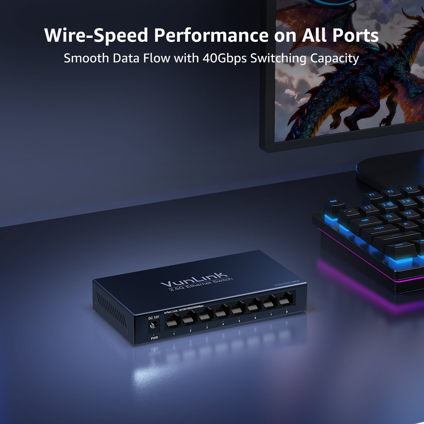 VunLink Unmanaged Multi-Gig Network Switch, 8×2.5Gbps RJ45, Plug and Play, Fanless Silent Metal Desktop Switch for Home Office, NAS, Gaming