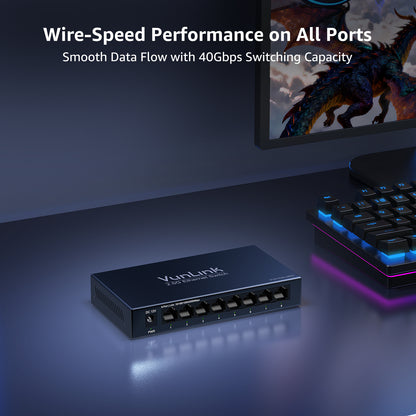 VunLink Unmanaged Multi-Gig Network Switch, 8×2.5Gbps RJ45, Plug and Play, Fanless Silent Metal Desktop Switch for Home Office, NAS, Gaming