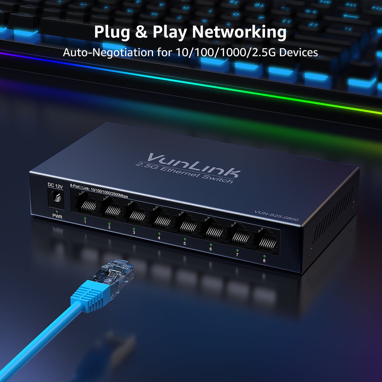 VunLink Unmanaged Multi-Gig Network Switch, 8×2.5Gbps RJ45, Plug and Play, Fanless Silent Metal Desktop Switch for Home Office, NAS, Gaming
