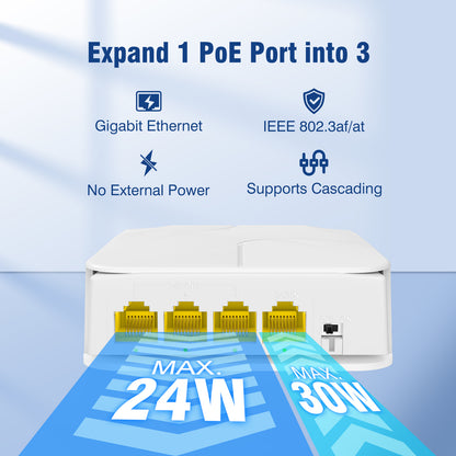 Outdoor Gigabit PoE Extender 1 in 3 Out, VunLink Waterproof 4-Port PoE Repeater, IEEE 802.3af/at, 100m (328ft) Extension, Plug & Play, VLAN, Wall Mount for IP Camera, AP, NVR, Surveillance System