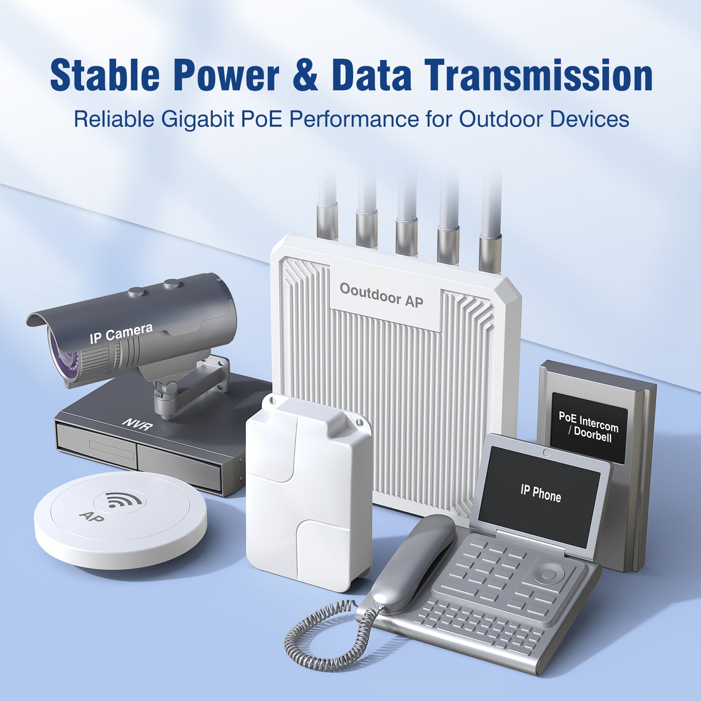 Outdoor Gigabit PoE Extender 1 in 3 Out, VunLink Waterproof 4-Port PoE Repeater, IEEE 802.3af/at, 100m (328ft) Extension, Plug & Play, VLAN, Wall Mount for IP Camera, AP, NVR, Surveillance System