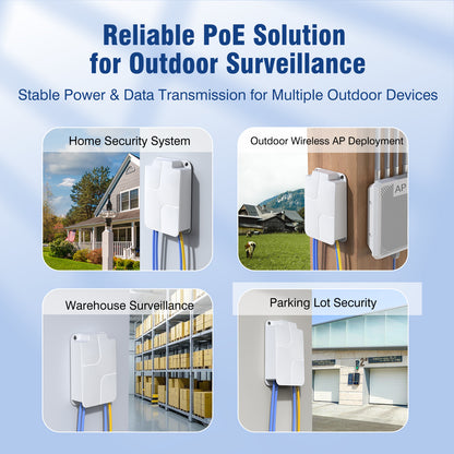 Outdoor Gigabit PoE Extender 1 in 3 Out, VunLink Waterproof 4-Port PoE Repeater, IEEE 802.3af/at, 100m (328ft) Extension, Plug & Play, VLAN, Wall Mount for IP Camera, AP, NVR, Surveillance System