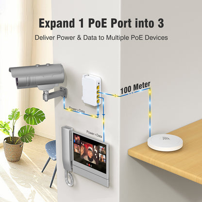 Gigabit PoE Extender 1 in 3 Out, VunLink 4-Port 1000Mbps PoE Repeater, IEEE 802.3af/at 30W, 100m (328ft) Extension, VLAN, Plug & Play, Wall Mount & DIN Rail Design for IP Camera, AP, NVR, VoIP Phone