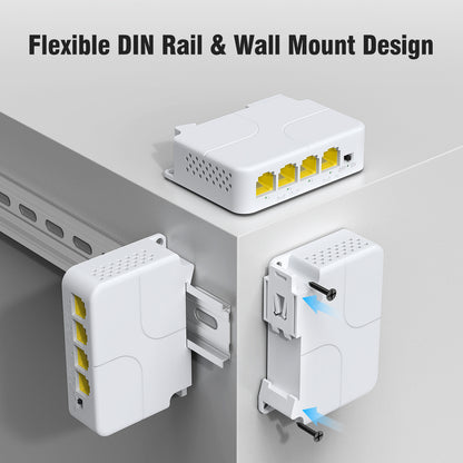 Gigabit PoE Extender 1 in 3 Out, VunLink 4-Port 1000Mbps PoE Repeater, IEEE 802.3af/at 30W, 100m (328ft) Extension, VLAN, Plug & Play, Wall Mount & DIN Rail Design for IP Camera, AP, NVR, VoIP Phone