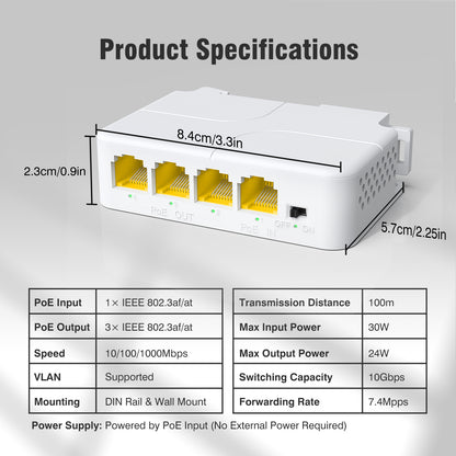 Gigabit PoE Extender 1 in 3 Out, VunLink 4-Port 1000Mbps PoE Repeater, IEEE 802.3af/at 30W, 100m (328ft) Extension, VLAN, Plug & Play, Wall Mount & DIN Rail Design for IP Camera, AP, NVR, VoIP Phone