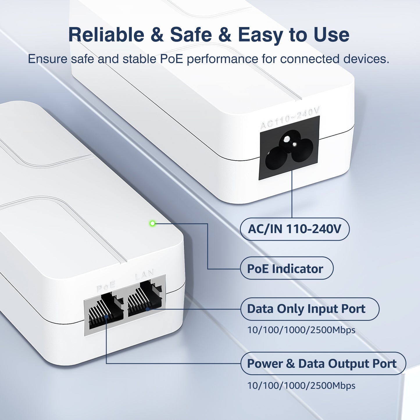 2.5Gb PoE+ Injector 30W, VunLink Single Port Power Over Ethernet Adapter, IEEE 802.3af/at, 10/100/1000/2500Mbps PoE+ Injector for IP Camera, WiFi Access Point, VoIP Phone, Plug & Play, Up to 100m