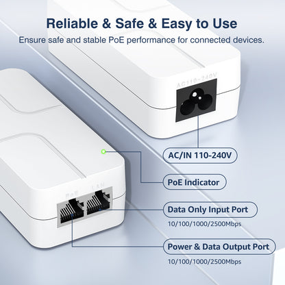 2.5Gb PoE+ Injector 30W, VunLink Single Port Power Over Ethernet Adapter, IEEE 802.3af/at, 10/100/1000/2500Mbps PoE+ Injector for IP Camera, WiFi Access Point, VoIP Phone, Plug & Play, Up to 100m