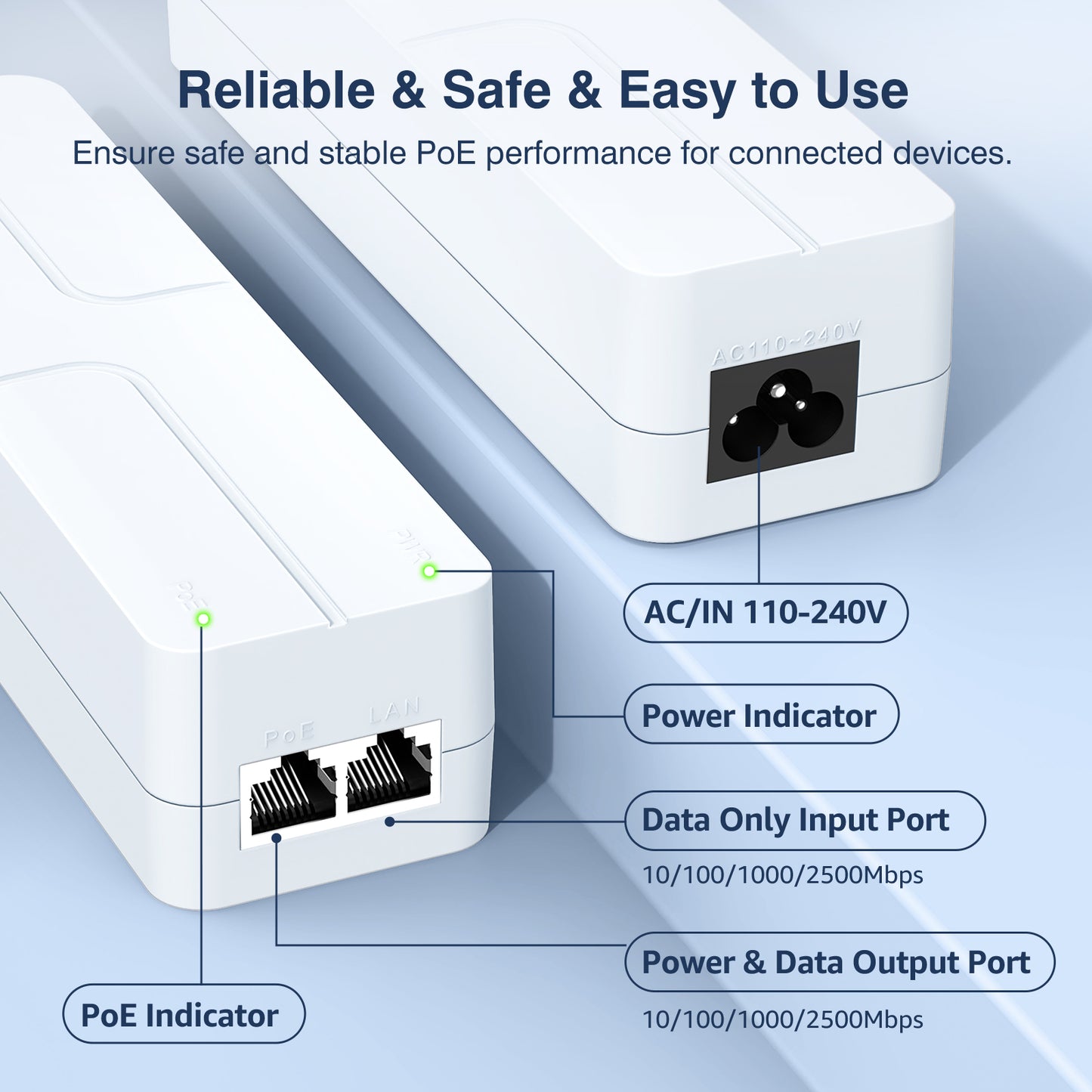 2.5Gb PoE++ Injector 60W,VunLink Single Port Multi-Gig Power Over Ethernet Adapter, IEEE 802.3af/at/bt, 10/100/1000/2500Mbps for WiFi 6 Access Point, PTZ Camera, Plug & Play, Up to 100m