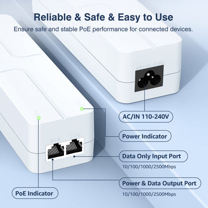 2.5Gb PoE++ Injector 60W,VunLink Single Port Multi-Gig Power Over Ethernet Adapter, IEEE 802.3af/at/bt, 10/100/1000/2500Mbps for WiFi 6 Access Point, PTZ Camera, Plug & Play, Up to 100m