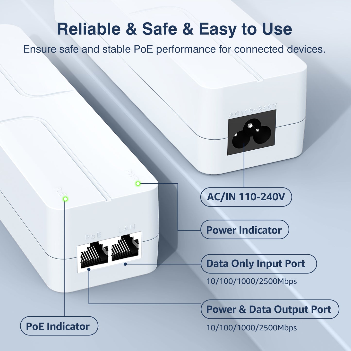 2.5Gb PoE++ Injector 90W, VunLink High Power IEEE 802.3bt Multi-Gig PoE Adapter, 55V Output, 10/100/1000/2500Mbps for WiFi 7 Access Point, PTZ Camera, Video Conference System, Plug & Play, Up to 100m