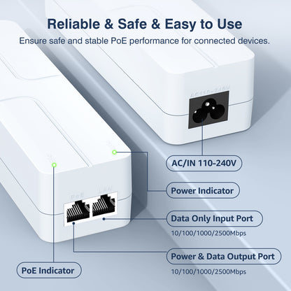 2.5Gb PoE++ Injector 90W, VunLink High Power IEEE 802.3bt Multi-Gig PoE Adapter, 55V Output, 10/100/1000/2500Mbps for WiFi 7 Access Point, PTZ Camera, Video Conference System, Plug & Play, Up to 100m