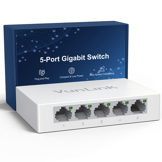 VunLink 5 Port Gigabit Unmanaged Ethernet Switch, Fanless & Energy Efficient, High-Speed Connection for Home, Office, NAS, Gaming