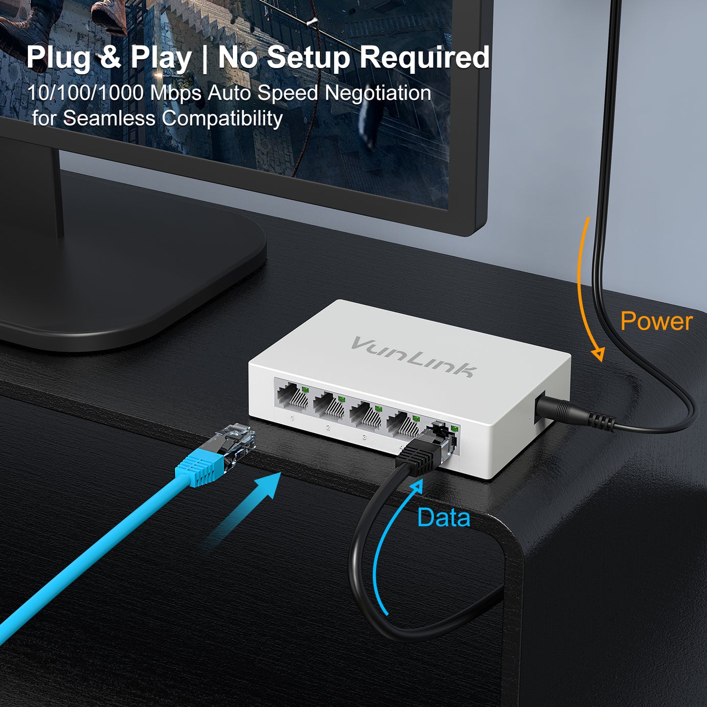 VunLink 5 Port Gigabit Unmanaged Ethernet Switch, Fanless & Energy Efficient, High-Speed Connection for Home, Office, NAS, Gaming