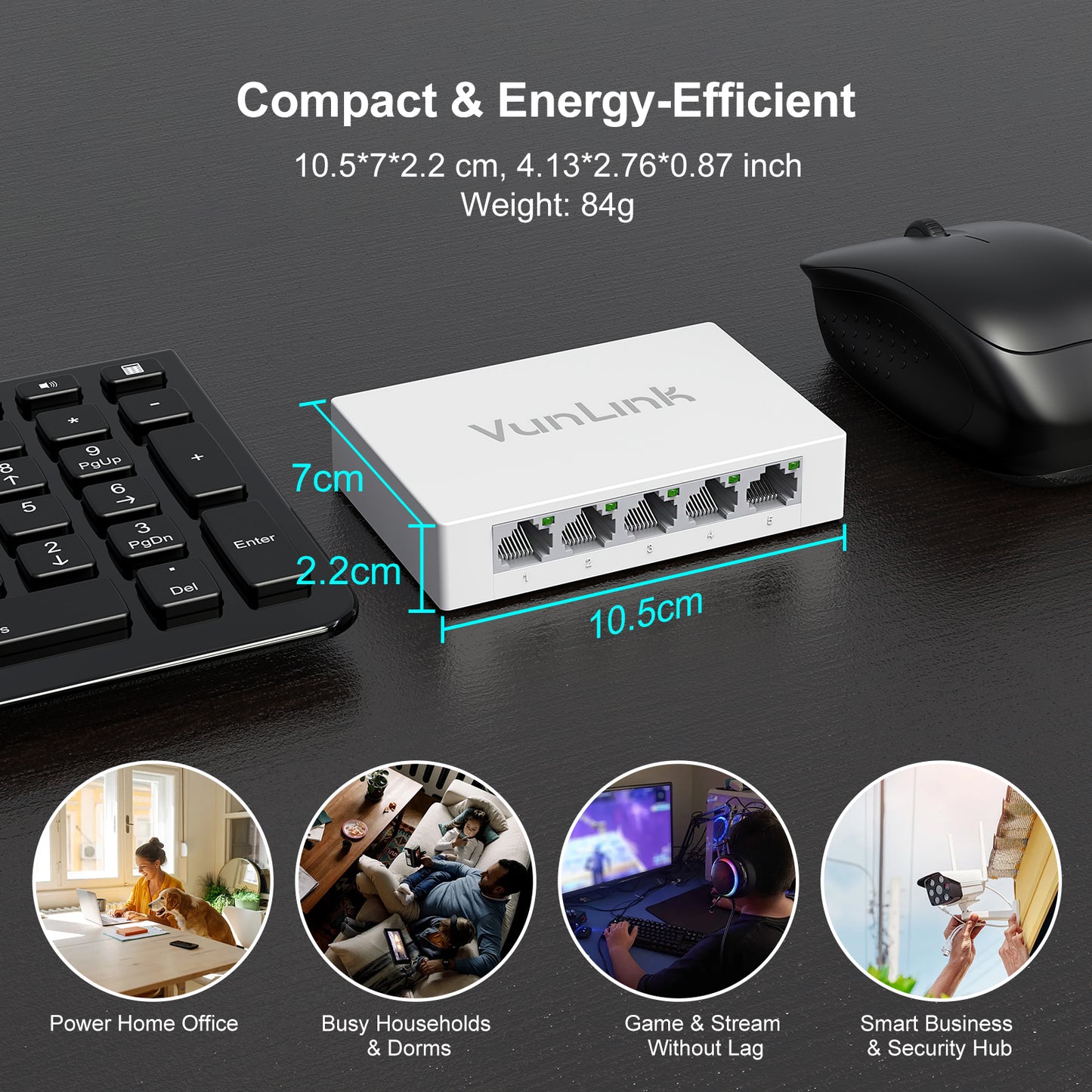 VunLink 5 Port Gigabit Unmanaged Ethernet Switch, Fanless & Energy Efficient, High-Speed Connection for Home, Office, NAS, Gaming