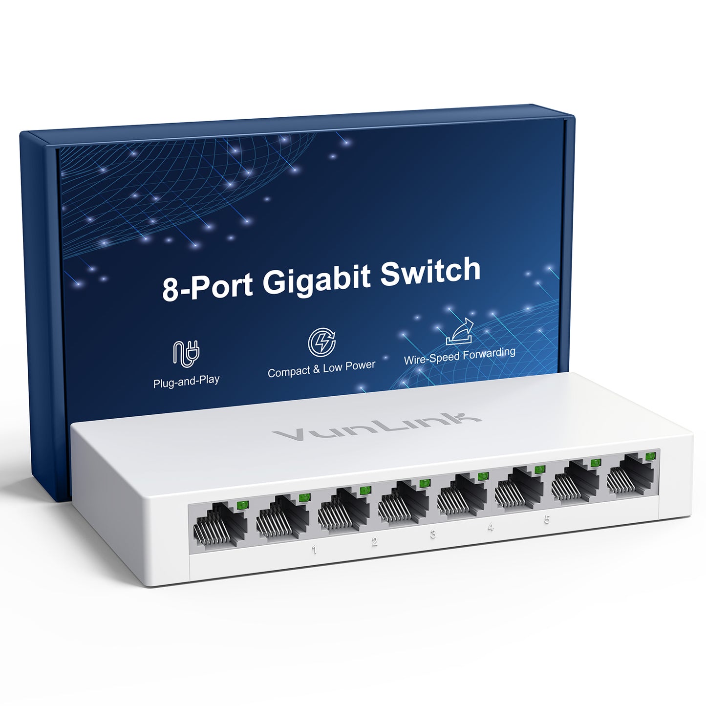 VunLink 8 Port Gigabit Unmanaged Ethernet Switch, Desktop Ethernet Splitter, Fanless & Energy Efficient, Plug-and-Play, High-Speed Connection for Home, Office, NAS, Gaming