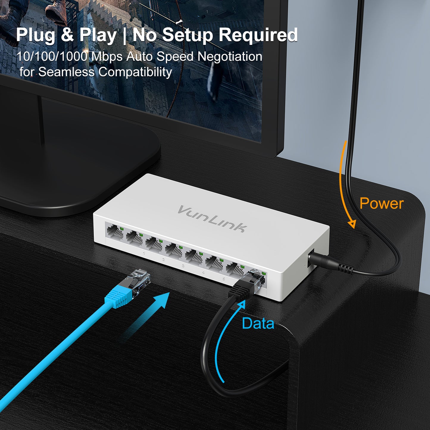 VunLink 8 Port Gigabit Unmanaged Ethernet Switch, Desktop Ethernet Splitter, Fanless & Energy Efficient, Plug-and-Play, High-Speed Connection for Home, Office, NAS, Gaming