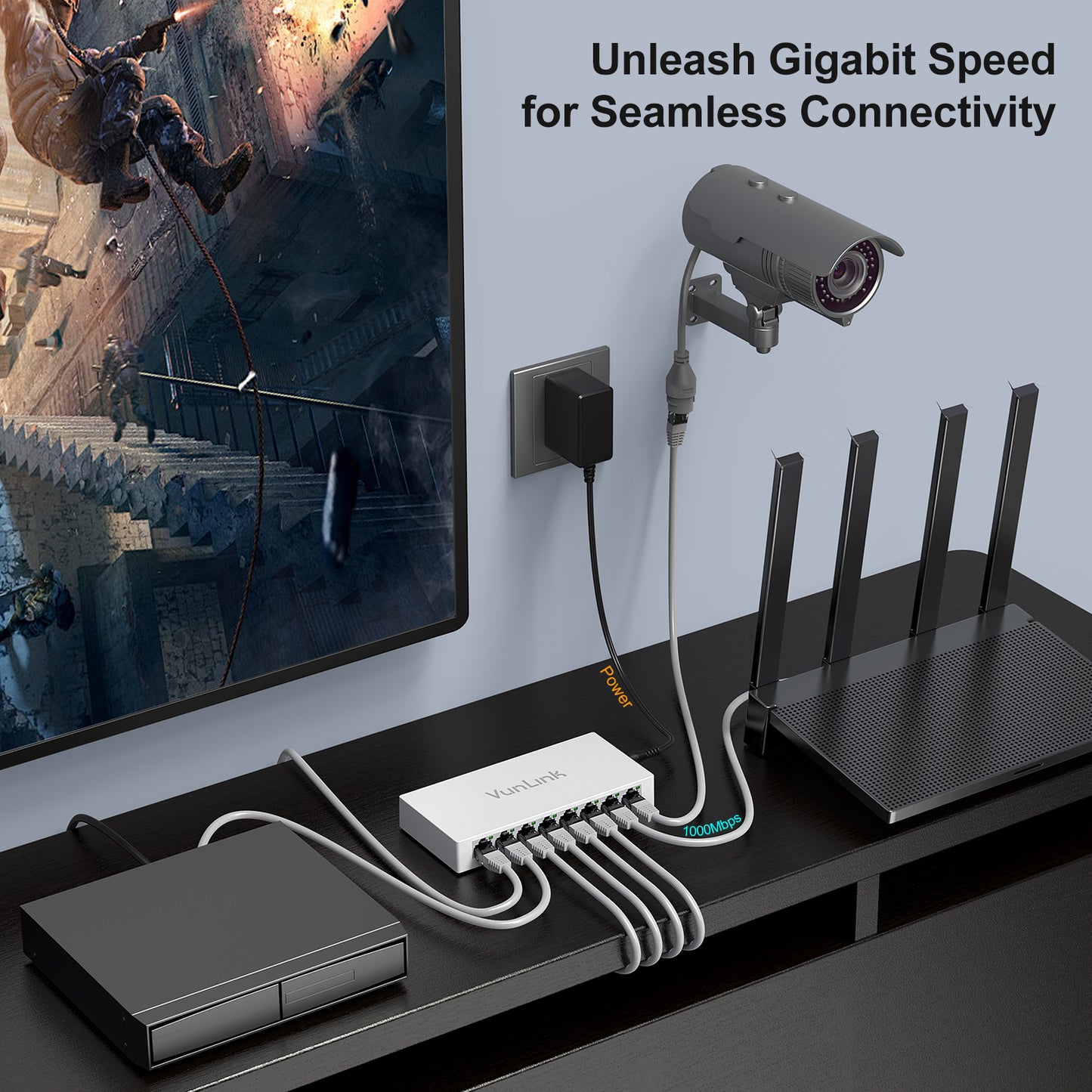 VunLink 8 Port Gigabit Unmanaged Ethernet Switch, Desktop Ethernet Splitter, Fanless & Energy Efficient, Plug-and-Play, High-Speed Connection for Home, Office, NAS, Gaming