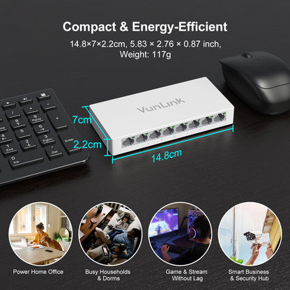 VunLink 8 Port Gigabit Unmanaged Ethernet Switch, Desktop Ethernet Splitter, Fanless & Energy Efficient, Plug-and-Play, High-Speed Connection for Home, Office, NAS, Gaming