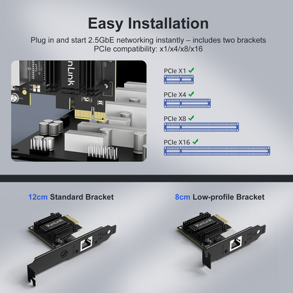 VunLink 2.5Gb PCIe Network Card, Realtek RTL8125B LAN Adapter, 2.5Gbps/1Gbps/100Mbps NIC Card for Desktop PCs, Gaming, Windows & Linux Compatible