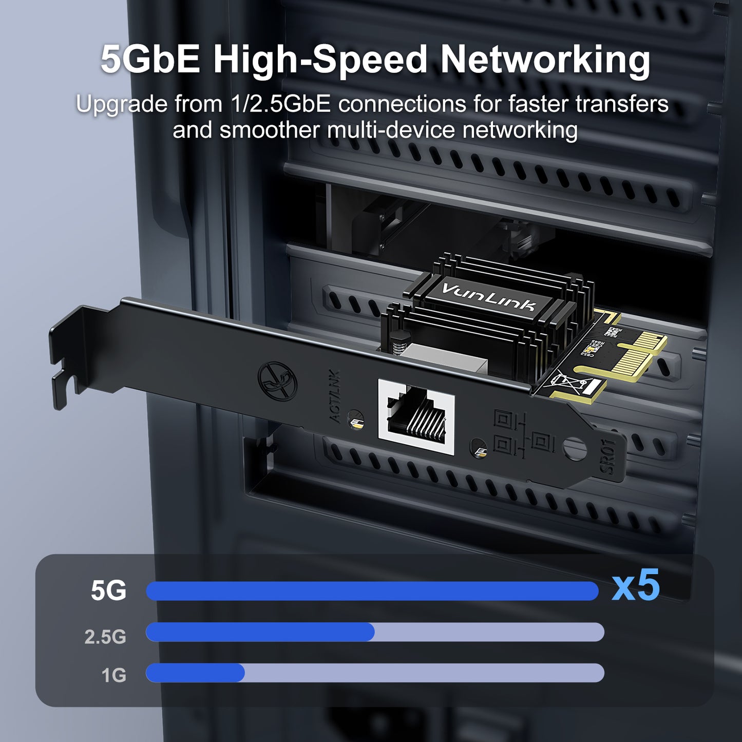 VunLink 5Gb PCIe Network Card, Realtek RTL8126B LAN Adapter, Multi-Speed 5Gbps/2.5Gbps/1Gbps NIC Card for Desktop PCs, Gaming, NAS, Windows & Linux Compatible