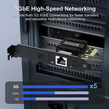 VunLink 5Gb PCIe Network Card, Realtek RTL8126B LAN Adapter, Multi-Speed 5Gbps/2.5Gbps/1Gbps NIC Card for Desktop PCs, Gaming, NAS, Windows & Linux Compatible
