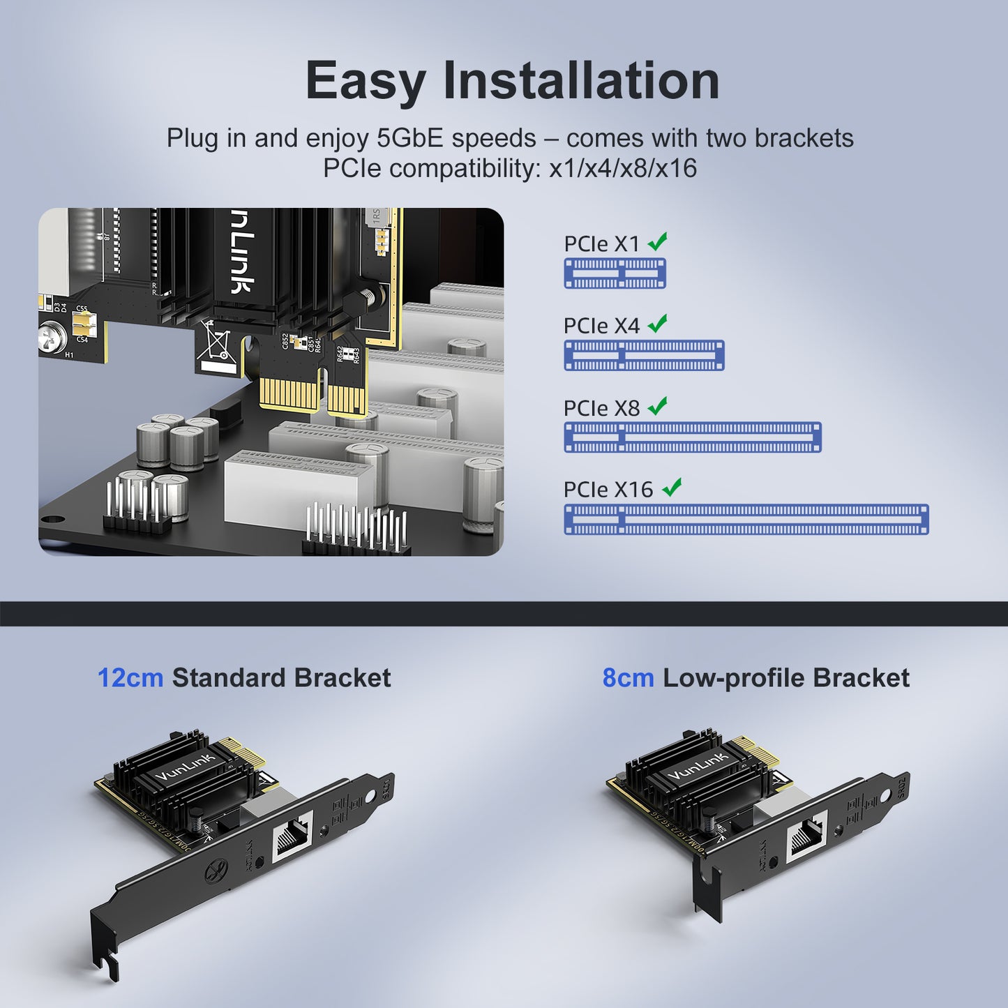 VunLink 5Gb PCIe Network Card, Realtek RTL8126B LAN Adapter, Multi-Speed 5Gbps/2.5Gbps/1Gbps NIC Card for Desktop PCs, Gaming, NAS, Windows & Linux Compatible