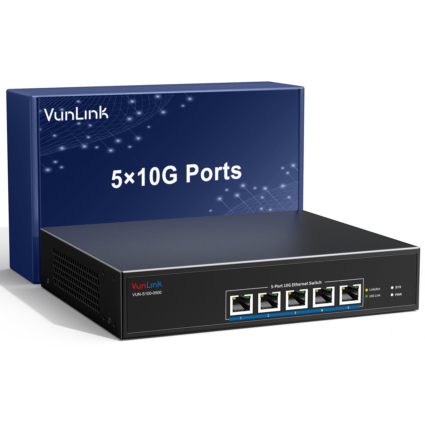 VunLink 5-Port 10G RJ45 Ethernet Switch Unmanaged,Multi-Gig 10G/5G/2.5G/1G, 100Gbps Capacity, Plug & Play,Desktop/Rackmount, for NAS/PC/Router/Workstation/10G NIC