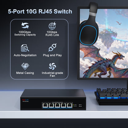 VunLink 5-Port 10G RJ45 Ethernet Switch Unmanaged,Multi-Gig 10G/5G/2.5G/1G, 100Gbps Capacity, Plug & Play,Desktop/Rackmount, for NAS/PC/Router/Workstation/10G NIC