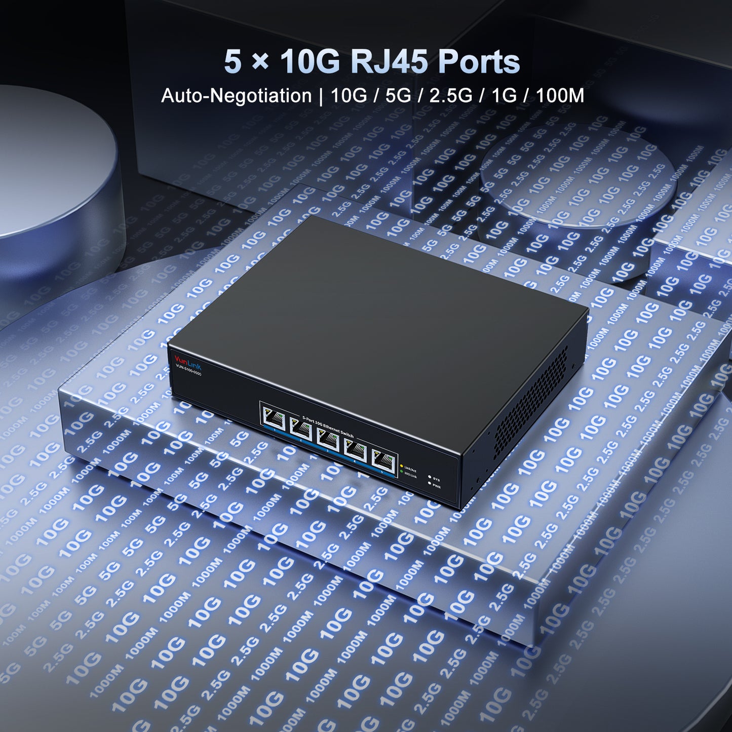 VunLink 5-Port 10G RJ45 Ethernet Switch Unmanaged,Multi-Gig 10G/5G/2.5G/1G, 100Gbps Capacity, Plug & Play,Desktop/Rackmount, for NAS/PC/Router/Workstation/10G NIC