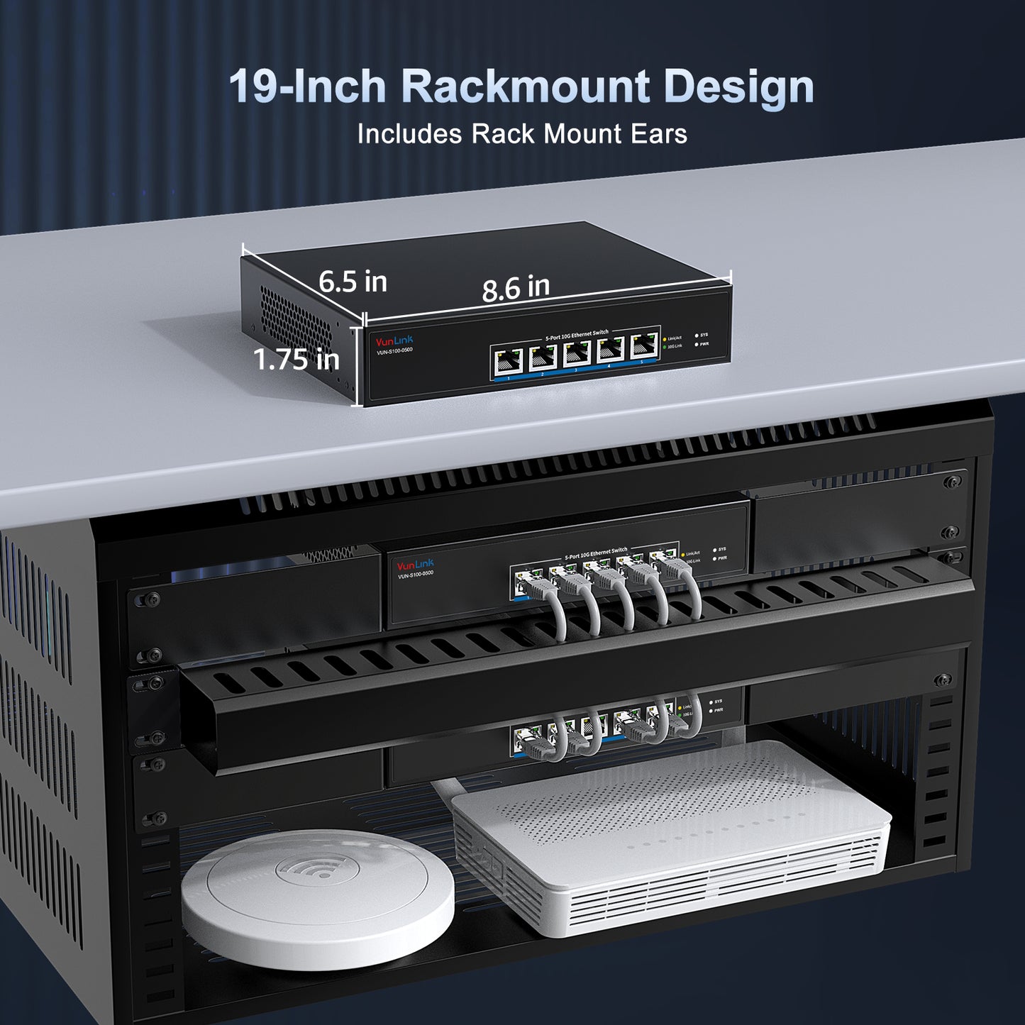 VunLink 5-Port 10G RJ45 Ethernet Switch Unmanaged,Multi-Gig 10G/5G/2.5G/1G, 100Gbps Capacity, Plug & Play,Desktop/Rackmount, for NAS/PC/Router/Workstation/10G NIC