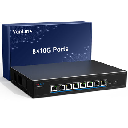 VunLink  8-Port 10Gb RJ45 Ethernet Switch Unmanaged, 160Gbps Capacity, 19-inch Rackmount, for 10G NAS, Server, PC, Workstation