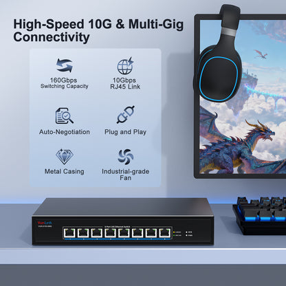 VunLink  8-Port 10Gb RJ45 Ethernet Switch Unmanaged, 160Gbps Capacity, 19-inch Rackmount, for 10G NAS, Server, PC, Workstation