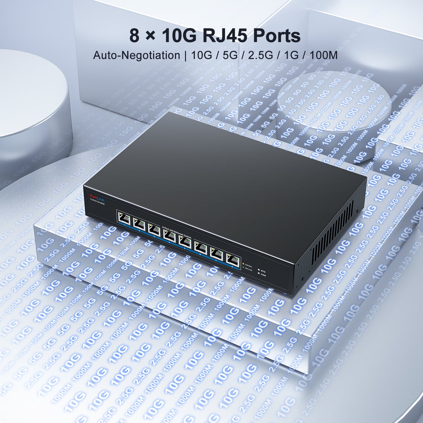 VunLink  8-Port 10Gb RJ45 Ethernet Switch Unmanaged, 160Gbps Capacity, 19-inch Rackmount, for 10G NAS, Server, PC, Workstation