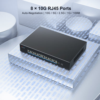 VunLink  8-Port 10Gb RJ45 Ethernet Switch Unmanaged, 160Gbps Capacity, 19-inch Rackmount, for 10G NAS, Server, PC, Workstation