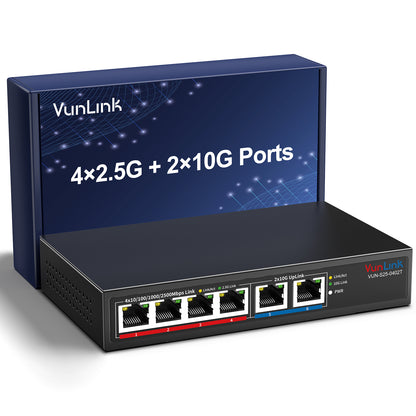 VunLink 6 Port 10G/2.5G Multi-Gigabit Unmanaged Network Switch,4 x 2.5GbE + 2 x 10GbE RJ45 Ports, Plug and Play, Fanless, Desktop/Wall-Mount, for Wireless AP, NAS, PC, Home