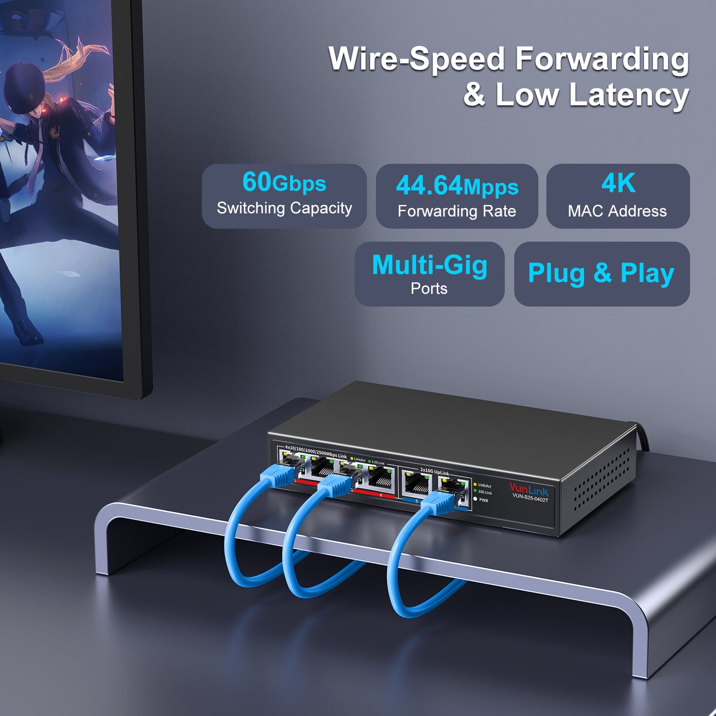VunLink 6 Port 10G/2.5G Multi-Gigabit Unmanaged Network Switch,4 x 2.5GbE + 2 x 10GbE RJ45 Ports, Plug and Play, Fanless, Desktop/Wall-Mount, for Wireless AP, NAS, PC, Home