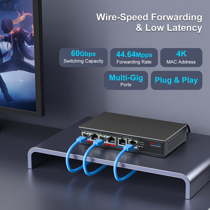 VunLink 6 Port 10G/2.5G Multi-Gigabit Unmanaged Network Switch,4 x 2.5GbE + 2 x 10GbE RJ45 Ports, Plug and Play, Fanless, Desktop/Wall-Mount, for Wireless AP, NAS, PC, Home