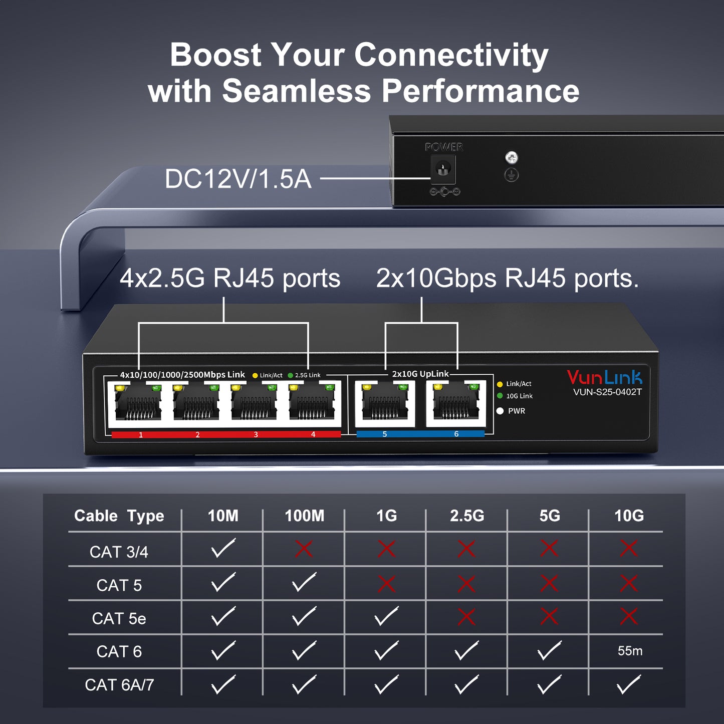 VunLink 6 Port 10G/2.5G Multi-Gigabit Unmanaged Network Switch,4 x 2.5GbE + 2 x 10GbE RJ45 Ports, Plug and Play, Fanless, Desktop/Wall-Mount, for Wireless AP, NAS, PC, Home