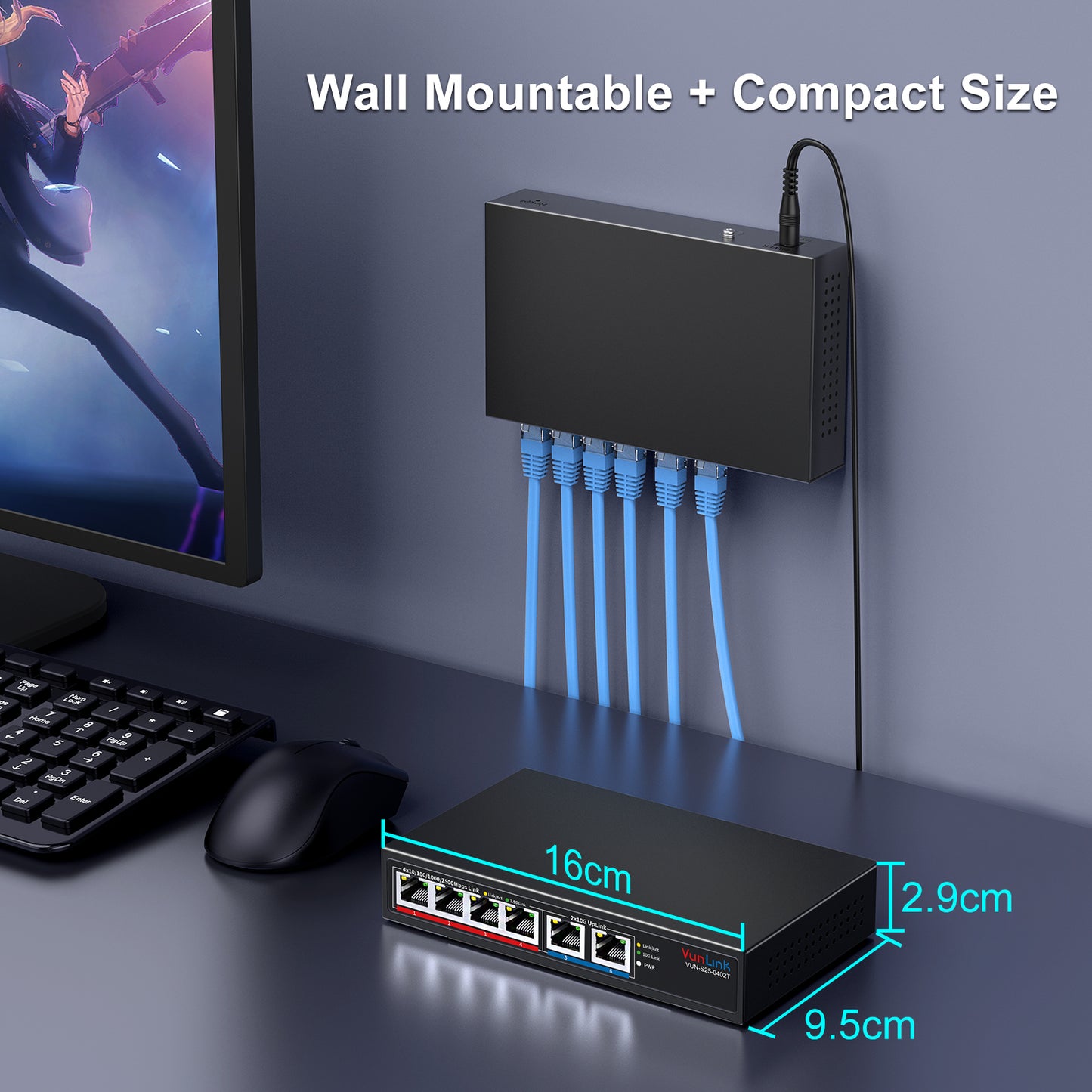 VunLink 6 Port 10G/2.5G Multi-Gigabit Unmanaged Network Switch,4 x 2.5GbE + 2 x 10GbE RJ45 Ports, Plug and Play, Fanless, Desktop/Wall-Mount, for Wireless AP, NAS, PC, Home