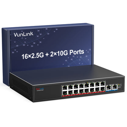 VunLink 18-Port 2.5G Ethernet Switch with 10G Uplink, 16×2.5Gbps + 2×10G RJ45 Ports, Plug & Play LAN Switch, Desktop Rackmount for NAS, Gaming, WiFi 6/7, Office