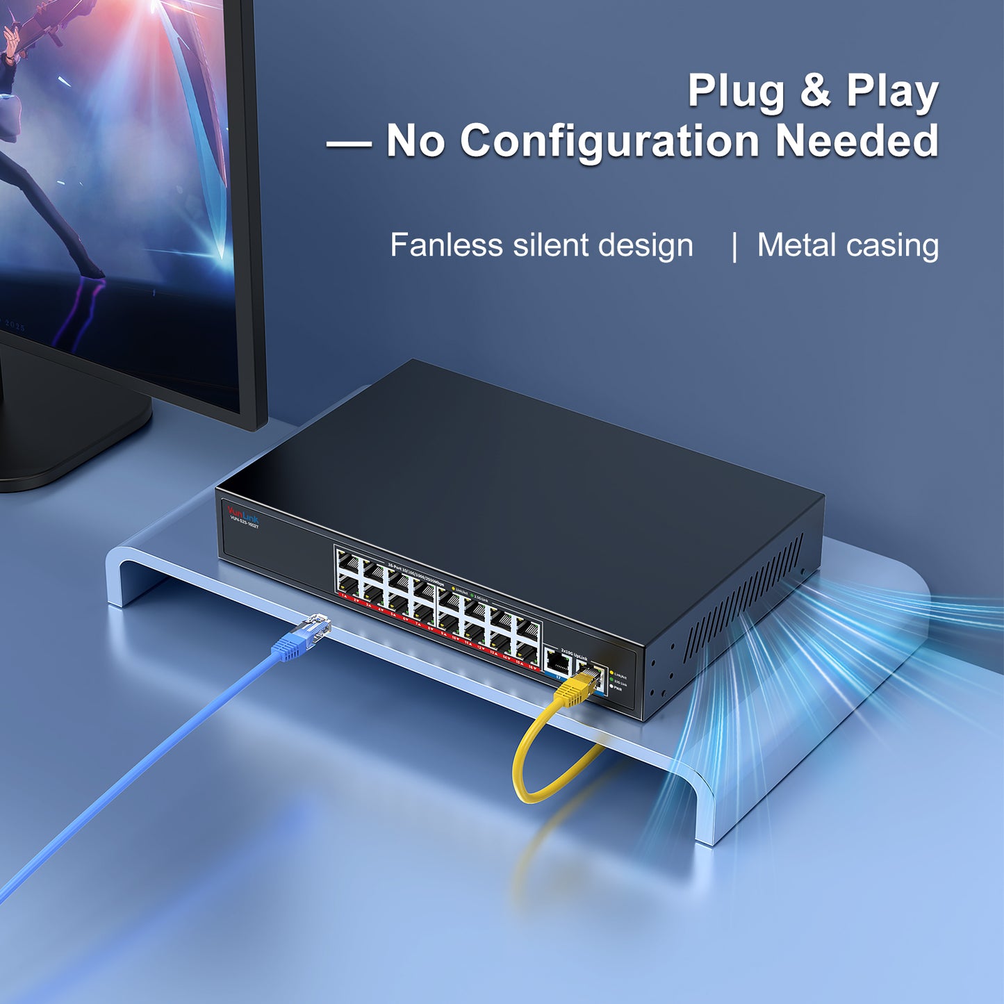 VunLink 18-Port 2.5G Ethernet Switch with 10G Uplink, 16×2.5Gbps + 2×10G RJ45 Ports, Plug & Play LAN Switch, Desktop Rackmount for NAS, Gaming, WiFi 6/7, Office