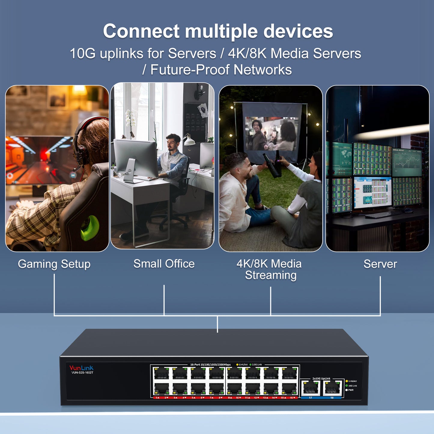 VunLink 18-Port 2.5G Ethernet Switch with 10G Uplink, 16×2.5Gbps + 2×10G RJ45 Ports, Plug & Play LAN Switch, Desktop Rackmount for NAS, Gaming, WiFi 6/7, Office