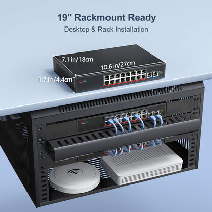 VunLink 18-Port 2.5G Ethernet Switch with 10G Uplink, 16×2.5Gbps + 2×10G RJ45 Ports, Plug & Play LAN Switch, Desktop Rackmount for NAS, Gaming, WiFi 6/7, Office
